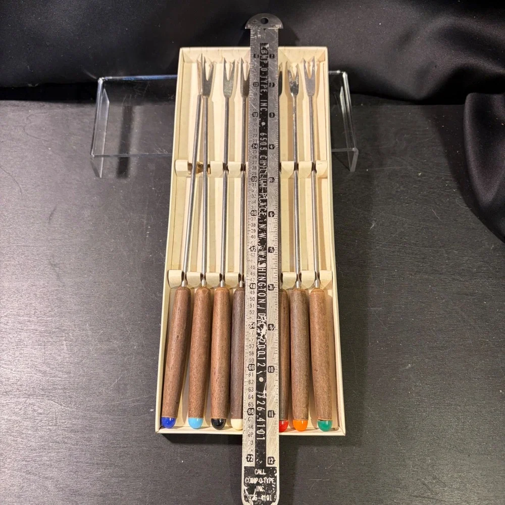 Vintage Set of 8 Stainless Steel Fondue Forks Wood Handles Color Coded Tips